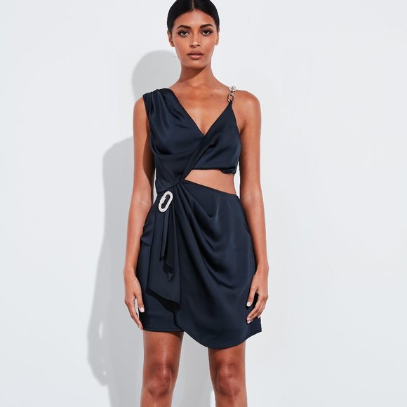 Navy Chain Strap Satin Drape Mini Dress - Picture 1 of 4